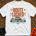 Route Locked Doubt Muted - T-Shirt in White - A graphic illustration featuring a camper van against a backdrop of...