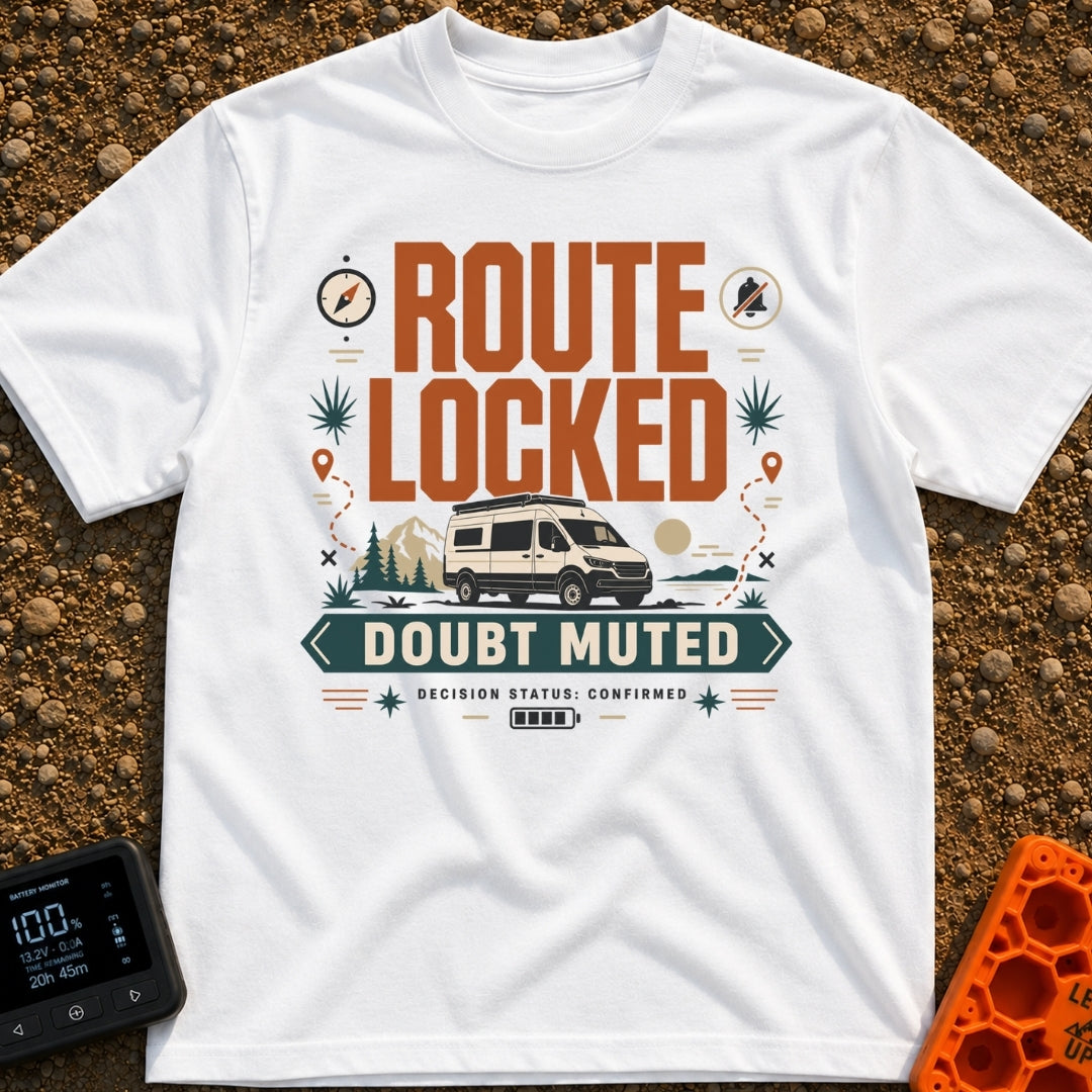 Route Locked Doubt Muted - T-Shirt in White - A graphic illustration featuring a camper van against a backdrop of...