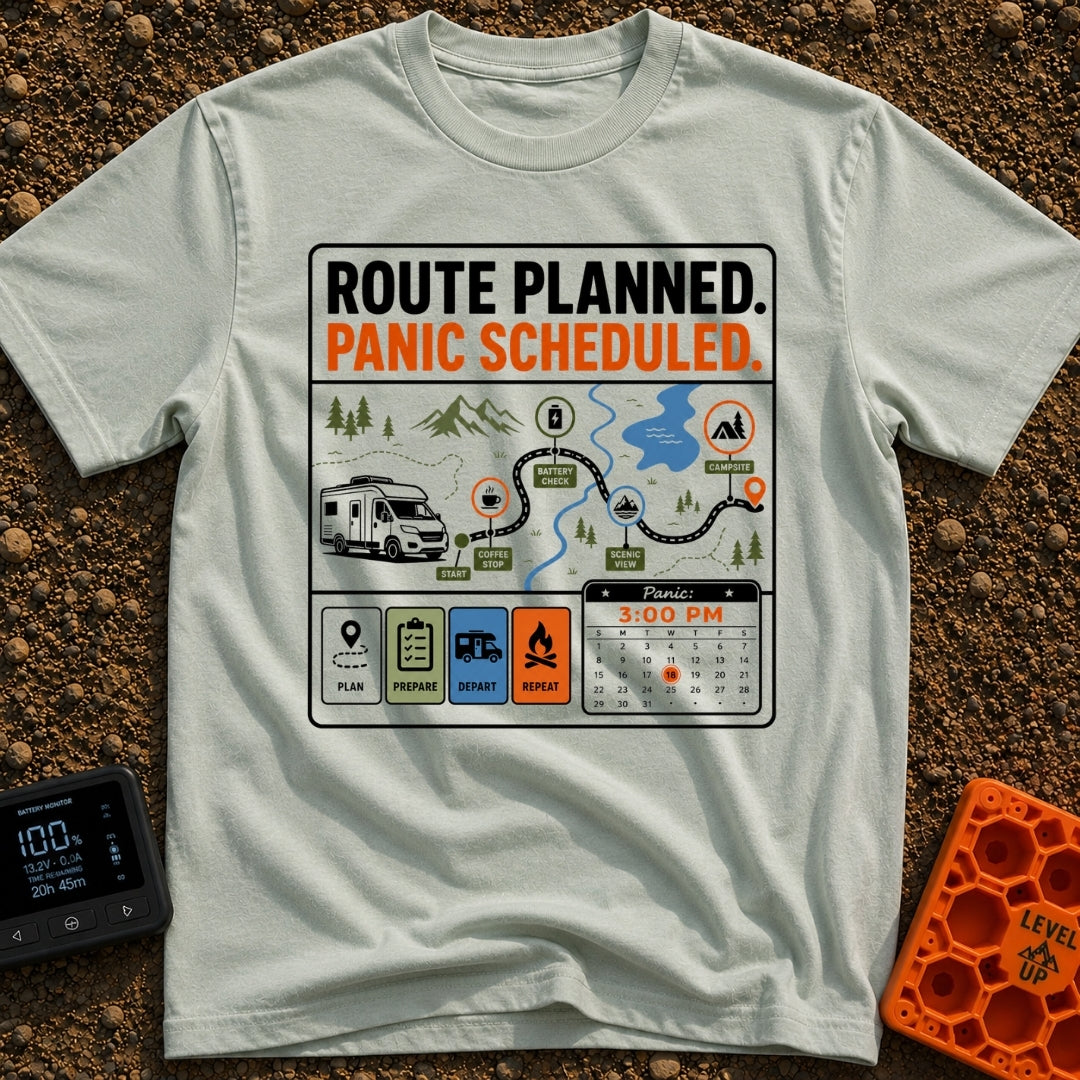 Carefully Planned Panic - T-Shirt in Bay - An infographic-style design featuring an RV following a mapped route with...
