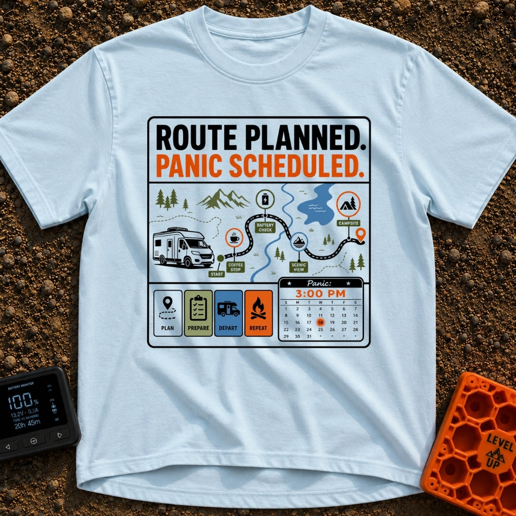 Carefully Planned Panic - T-Shirt in Chambray - An infographic-style design featuring an RV following a mapped route with...