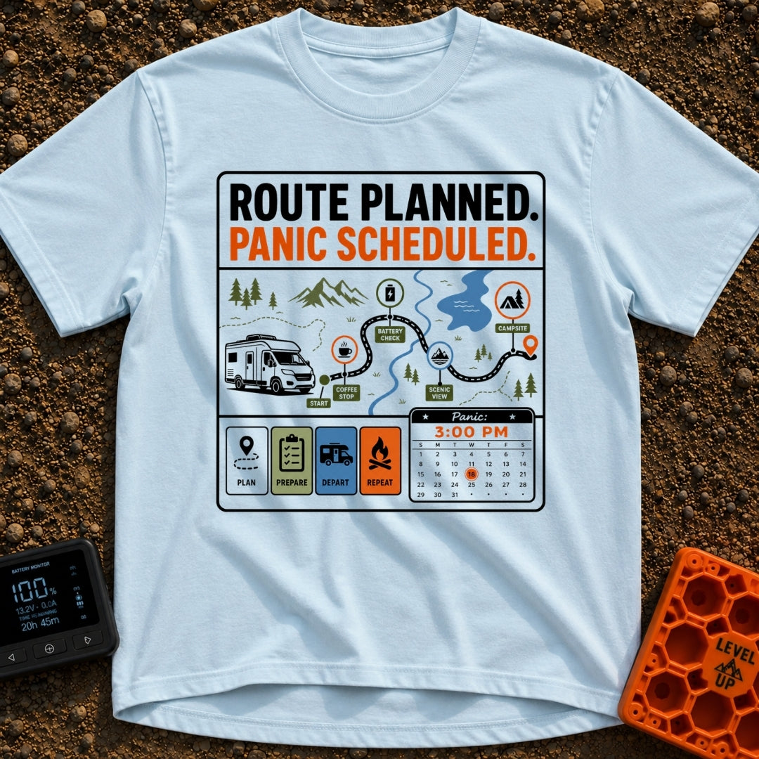 Carefully Planned Panic - T-Shirt in Chambray - An infographic-style design featuring an RV following a mapped route with...