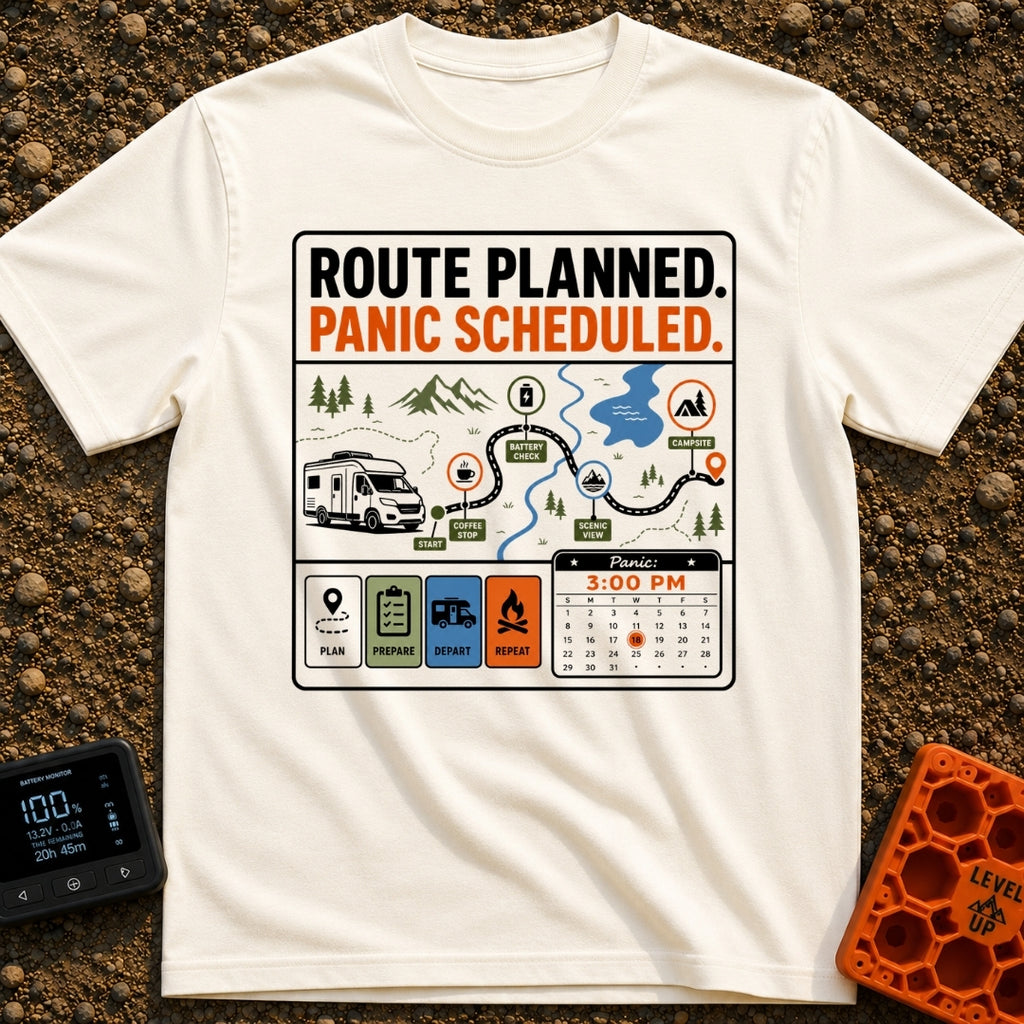 Carefully Planned Panic - T-Shirt in Ivory - An infographic-style design featuring an RV following a mapped route with...