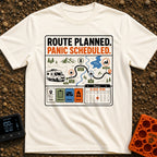 Carefully Planned Panic - T-Shirt in Ivory - An infographic-style design featuring an RV following a mapped route with...