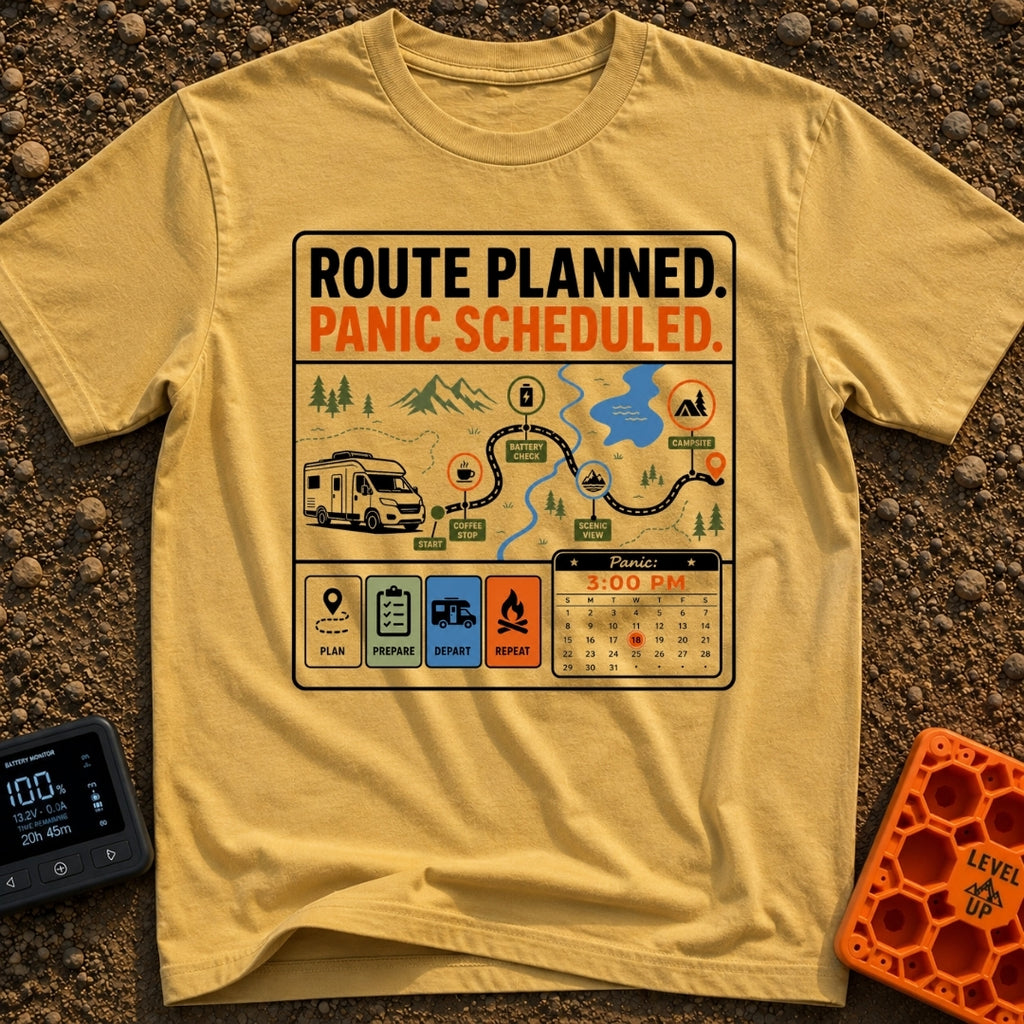 Carefully Planned Panic - T-Shirt in Mustard - An infographic-style design featuring an RV following a mapped route with...