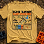 Carefully Planned Panic - T-Shirt in Mustard - An infographic-style design featuring an RV following a mapped route with...