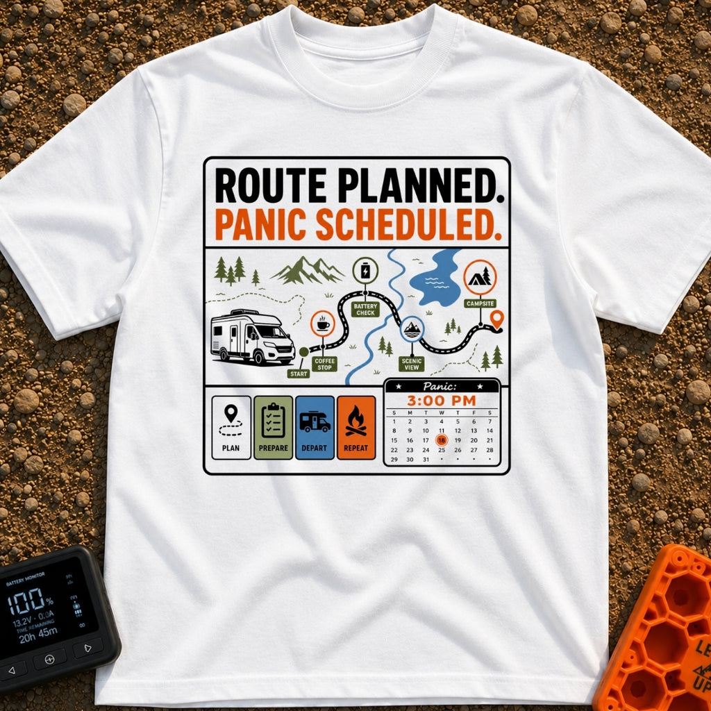 Carefully Planned Panic - T-Shirt in White - An infographic-style design featuring an RV following a mapped route with...