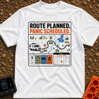 Carefully Planned Panic - T-Shirt in White - An infographic-style design featuring an RV following a mapped route with...