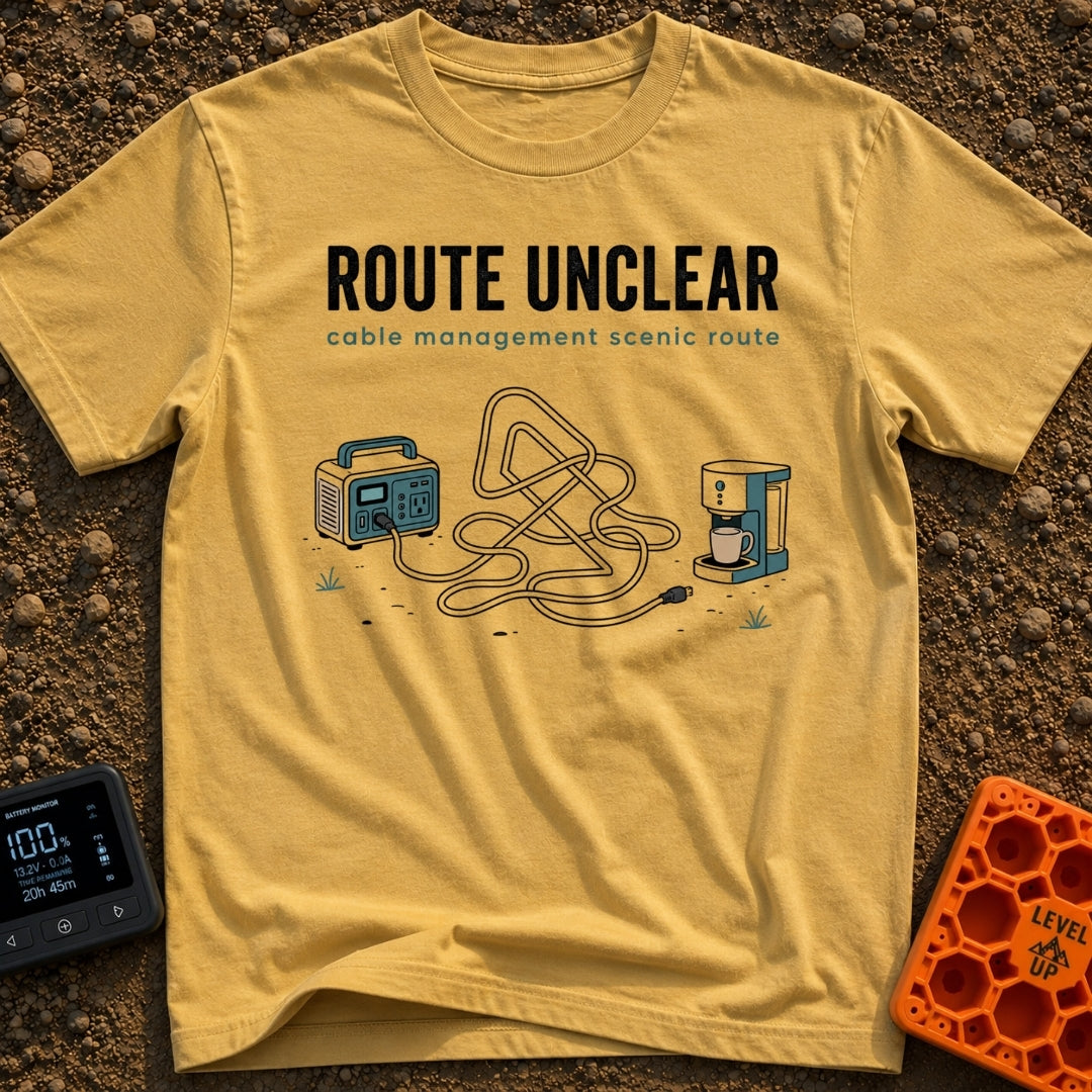 Route Unclear Keep Driving - T-Shirt in Mustard - An illustration of a portable power station with a cord plugged into it...