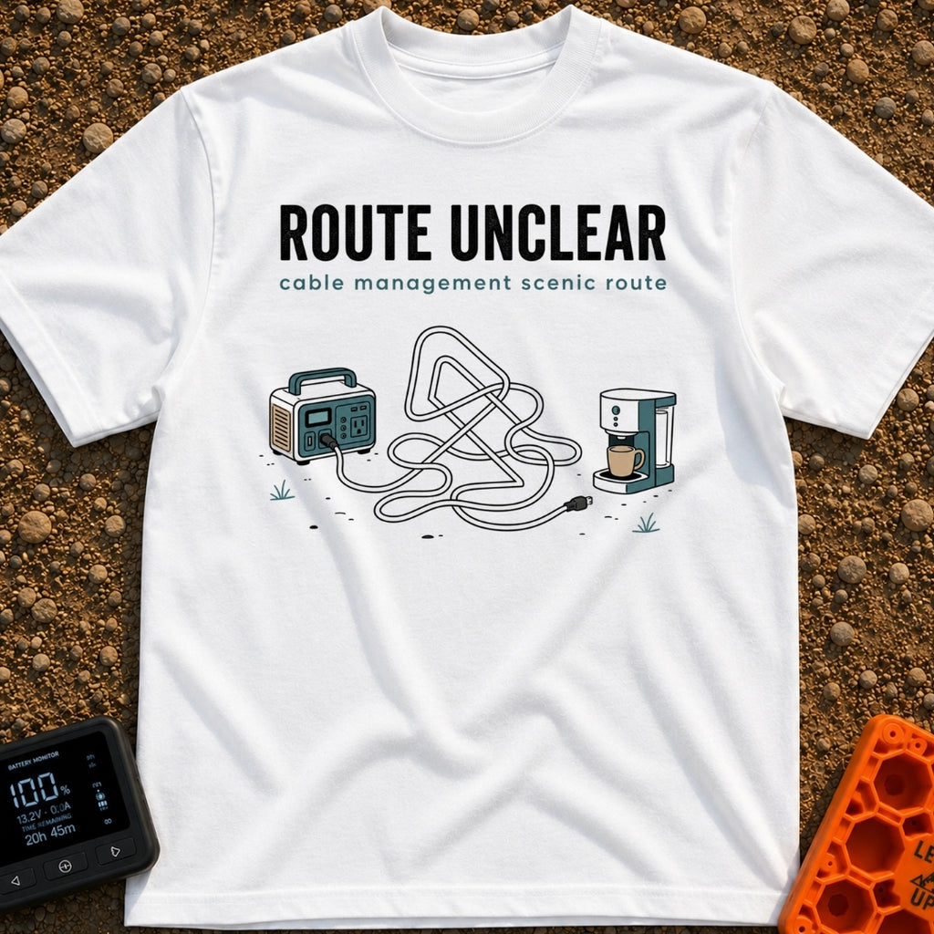 Route Unclear Keep Driving - T-Shirt in White - An illustration of a portable power station with a cord plugged into it...