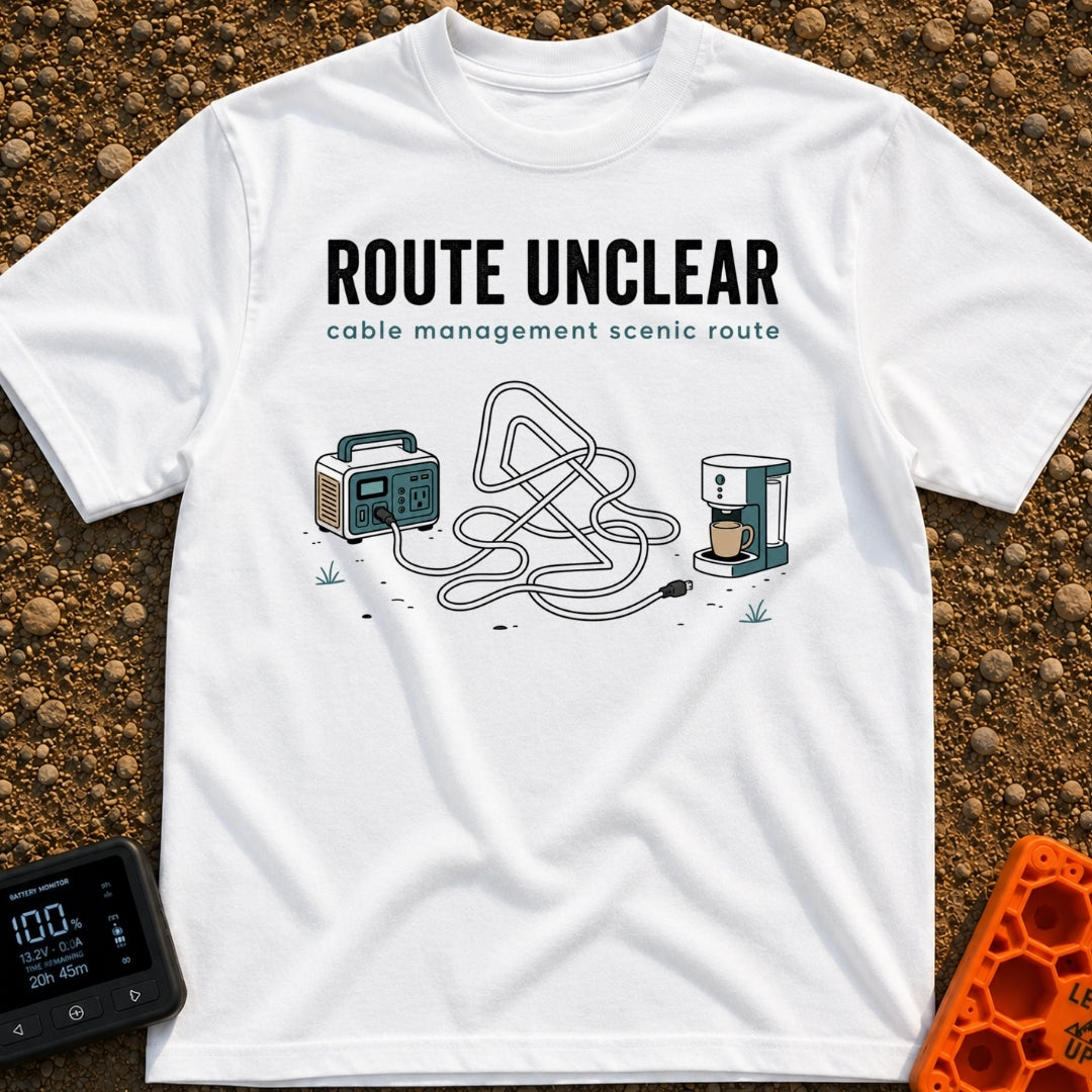 Route Unclear Keep Driving - T-Shirt in White - An illustration of a portable power station with a cord plugged into it...