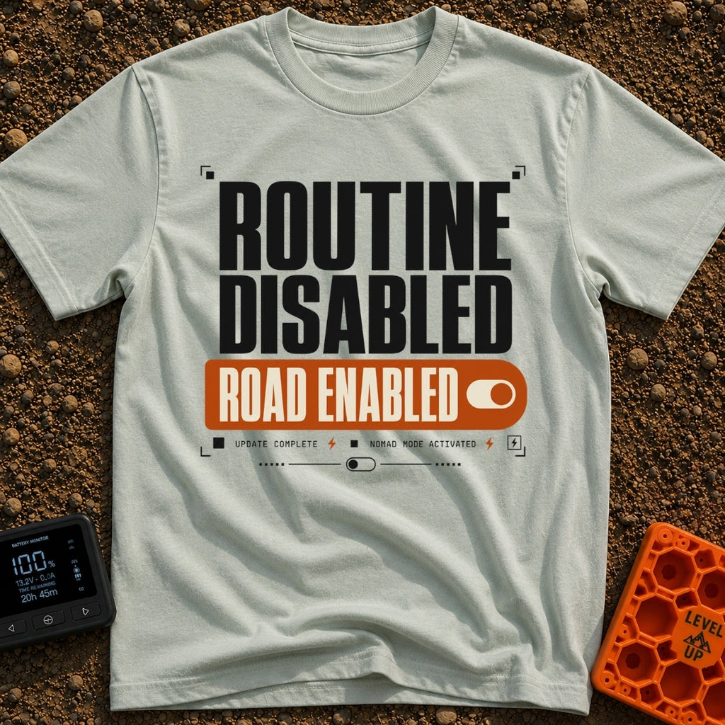 Road Mode Activated - T-Shirt in Bay - A text-based graphic styled like a digital settings menu, featuring large black...