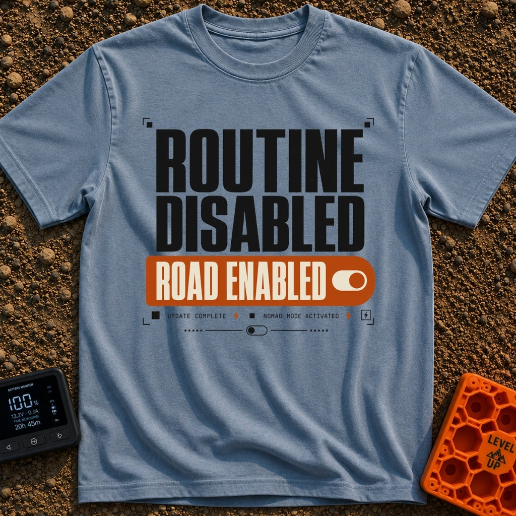 Road Mode Activated - T-Shirt in Blue Jean - A text-based graphic styled like a digital settings menu, featuring large...