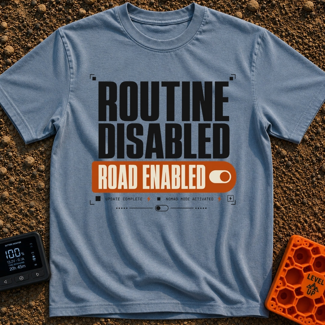 Road Mode Activated - T-Shirt in Blue Jean - A text-based graphic styled like a digital settings menu, featuring large...