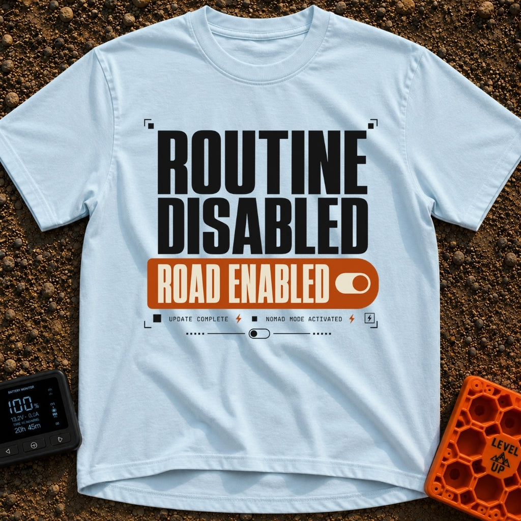 Road Mode Activated - T-Shirt in Chambray - A text-based graphic styled like a digital settings menu, featuring large...