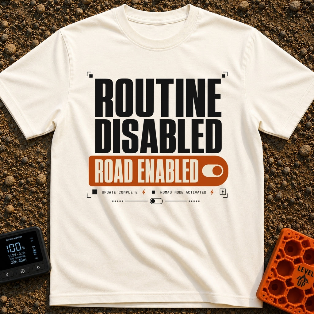 Road Mode Activated - T-Shirt in Ivory - A text-based graphic styled like a digital settings menu, featuring large black...