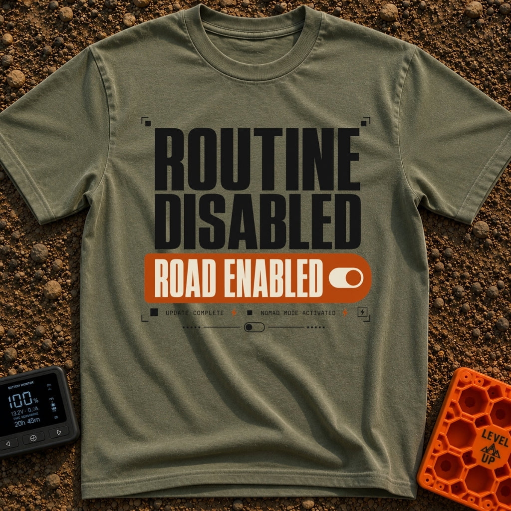 Road Mode Activated - T-Shirt in Moss - A text-based graphic styled like a digital settings menu, featuring large black...