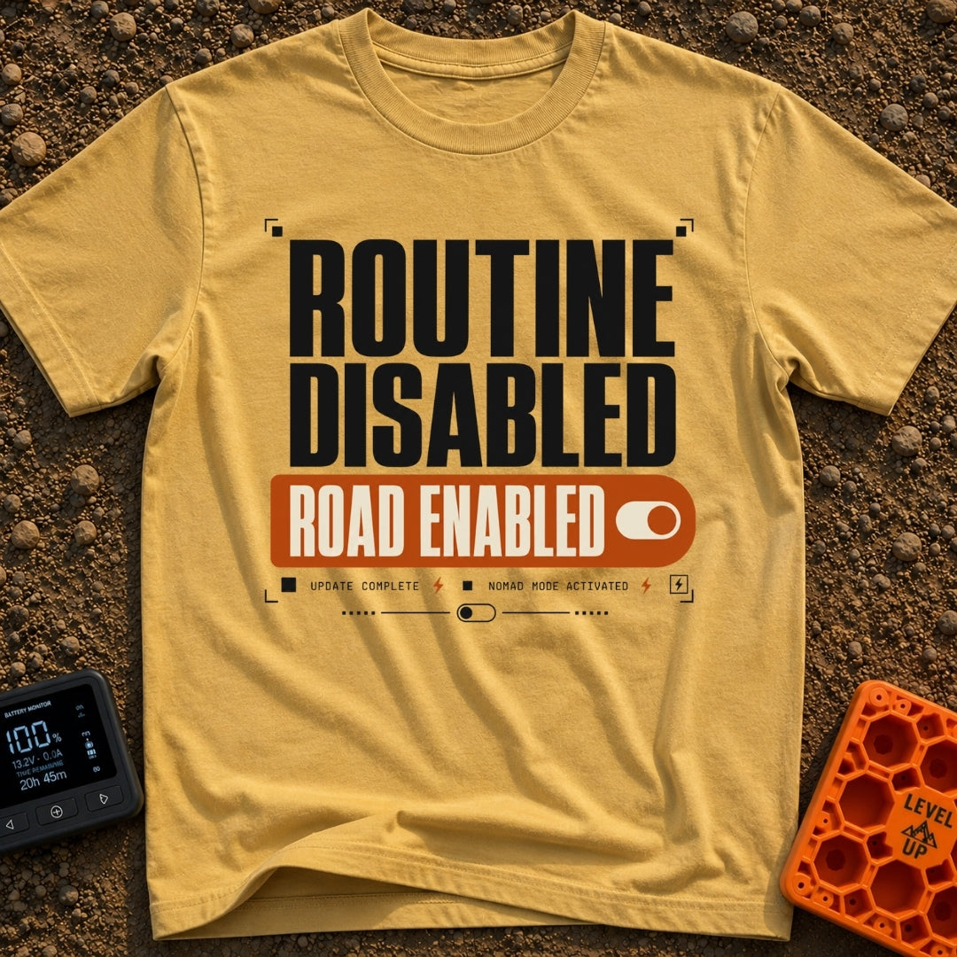 Road Mode Activated - T-Shirt in Mustard - A text-based graphic styled like a digital settings menu, featuring large...