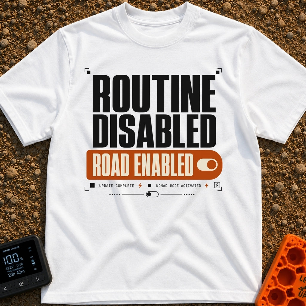 Road Mode Activated - T-Shirt in White - A text-based graphic styled like a digital settings menu, featuring large black...