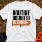 Road Mode Activated - T-Shirt in White - A text-based graphic styled like a digital settings menu, featuring large black...