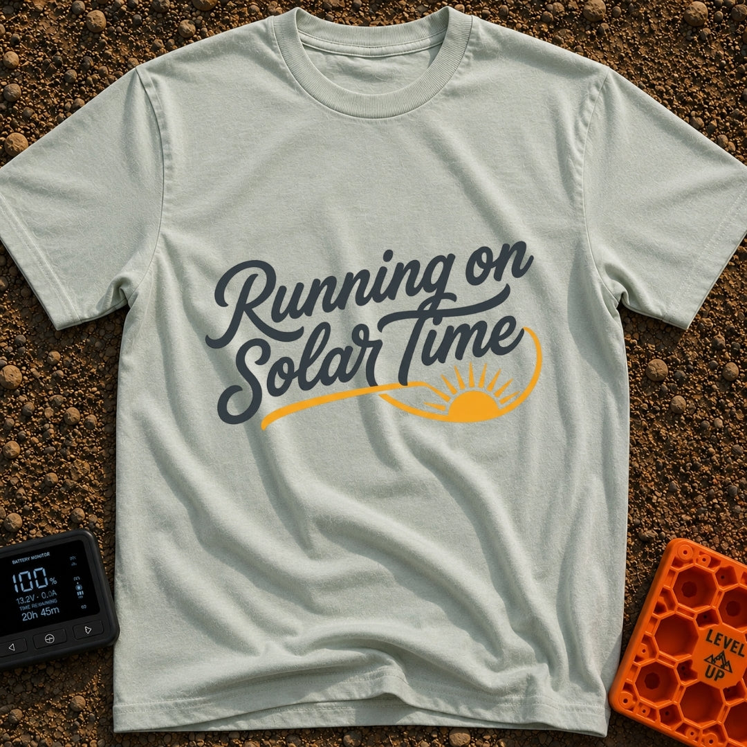 Running On Solar Time - T-Shirt in Bay - A typographical design featuring the cursive text "Running on Solar Time" in...