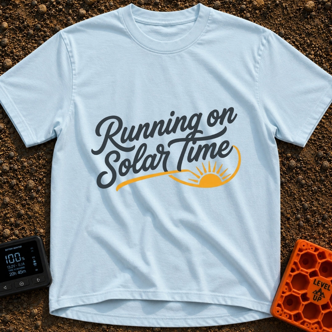 Running On Solar Time - T-Shirt in Chambray - A typographical design featuring the cursive text "Running on Solar Time"...