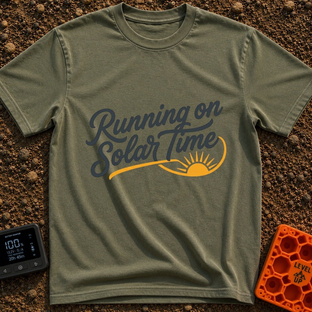 Running On Solar Time - T-Shirt in Moss - A typographical design featuring the cursive text "Running on Solar Time" in...