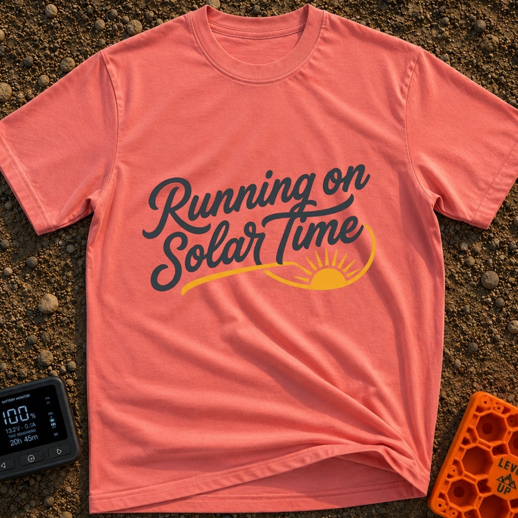 Running On Solar Time - T-Shirt in Watermelon - A typographical design featuring the cursive text "Running on Solar Time"...