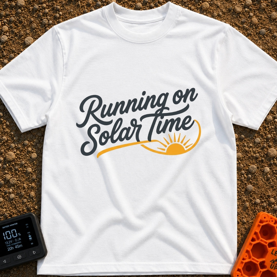 Running On Solar Time - T-Shirt in White - A typographical design featuring the cursive text "Running on Solar Time" in...