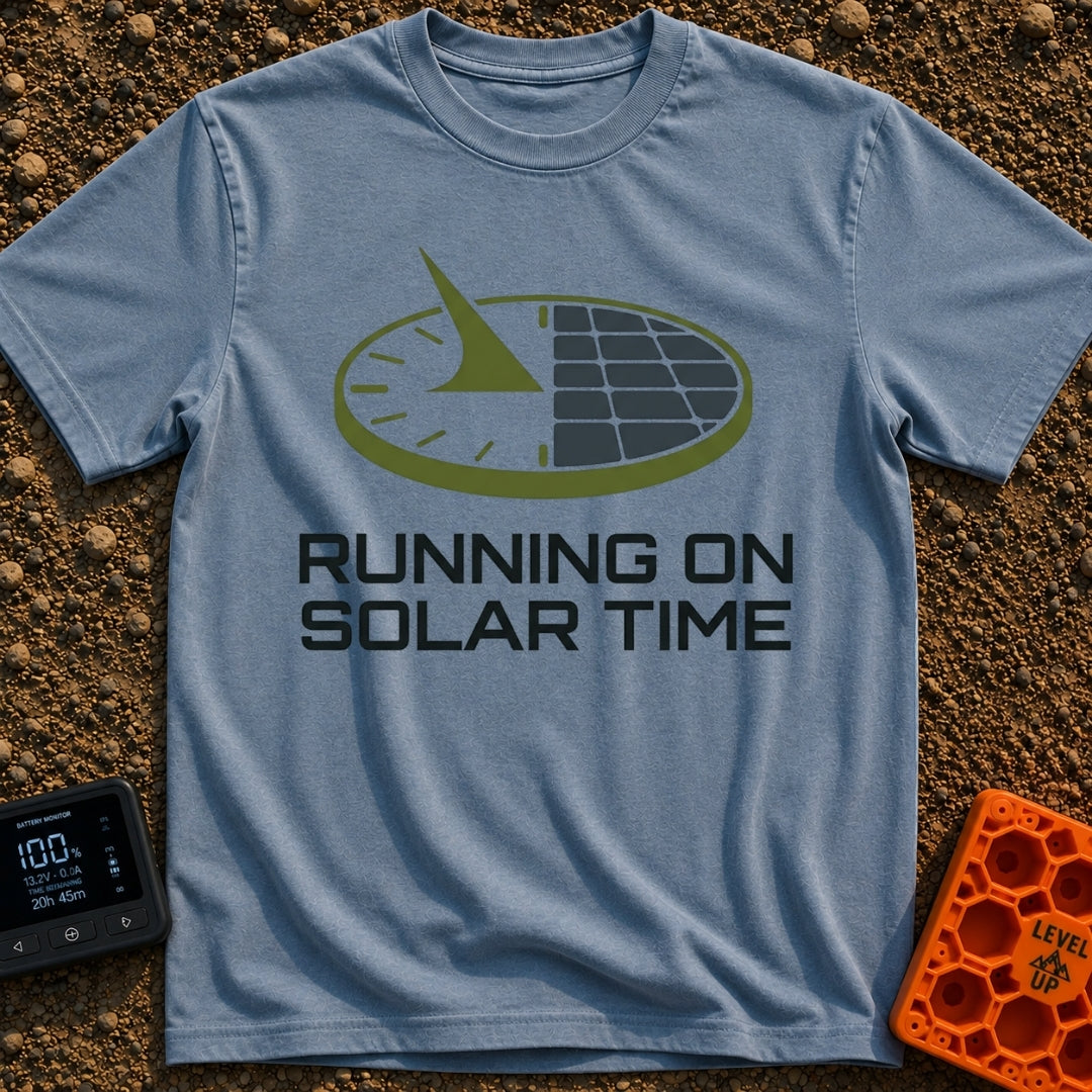 Running On Solar Time - T-Shirt in Blue Jean - A circular graphic split down the middle, with the left side depicting a...