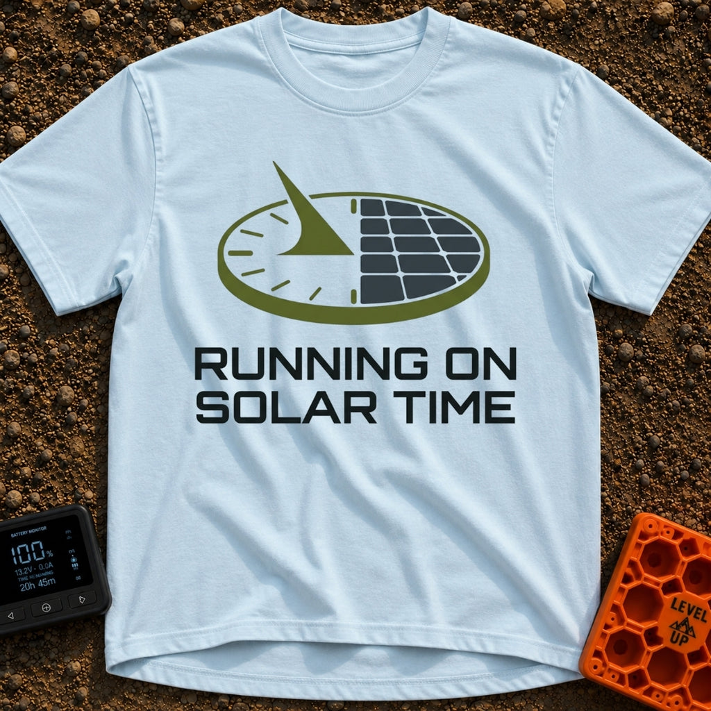 Running On Solar Time - T-Shirt in Chambray - A circular graphic split down the middle, with the left side depicting a...