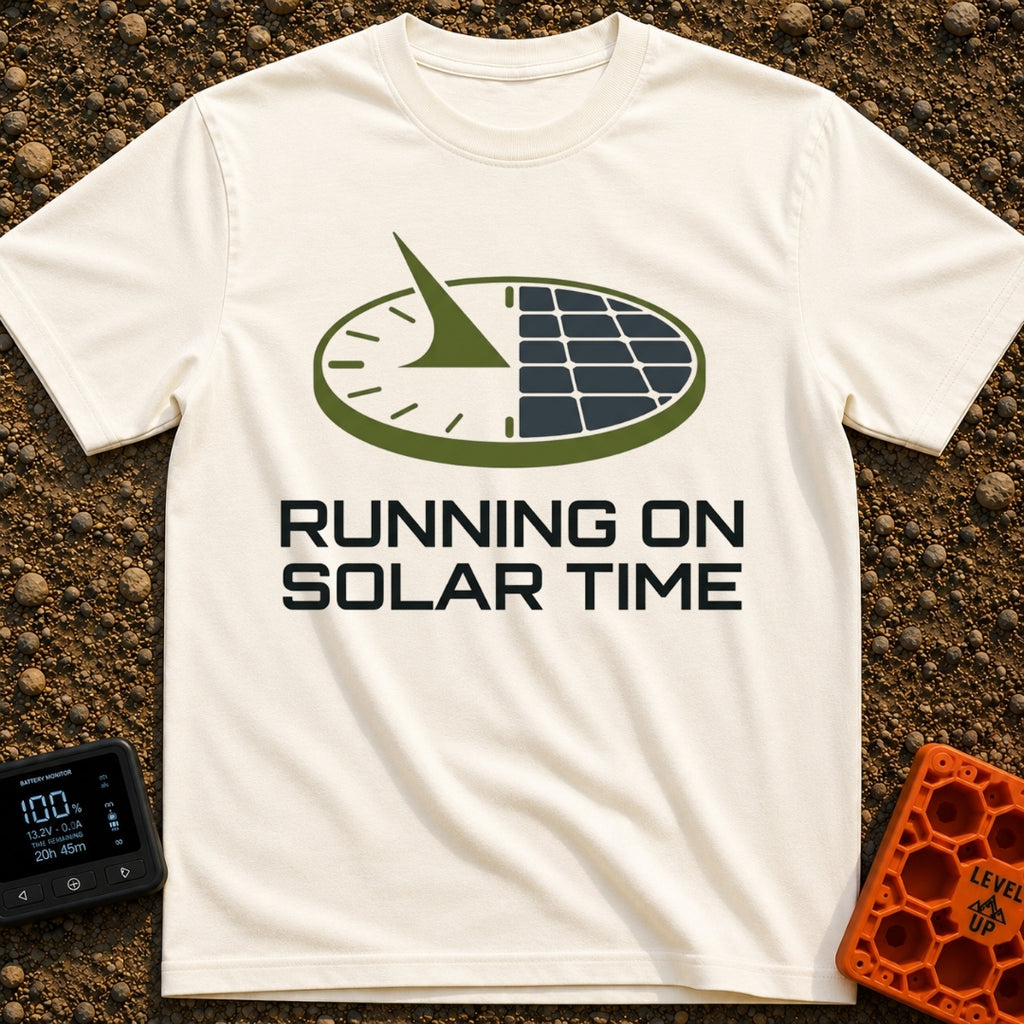 Running On Solar Time - T-Shirt in Ivory - A circular graphic split down the middle, with the left side depicting a...