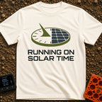 Running On Solar Time - T-Shirt in Ivory - A circular graphic split down the middle, with the left side depicting a...