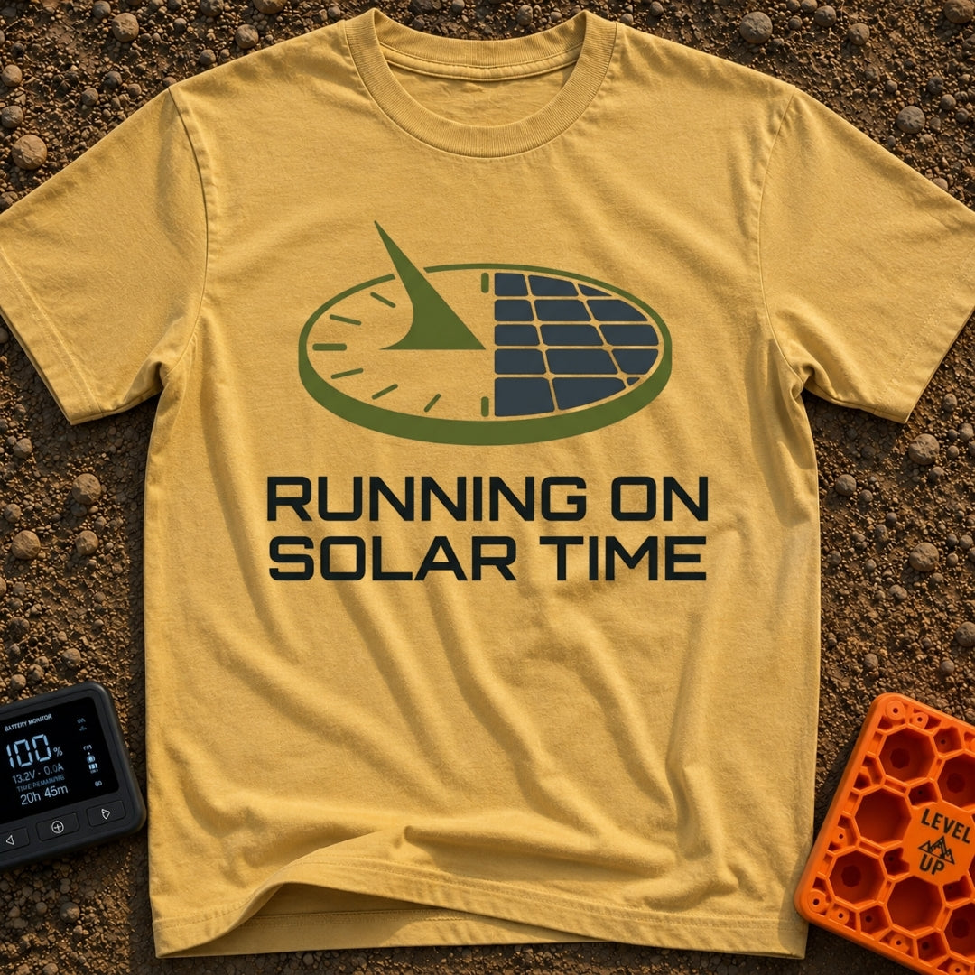 Running On Solar Time - T-Shirt in Mustard - A circular graphic split down the middle, with the left side depicting a...