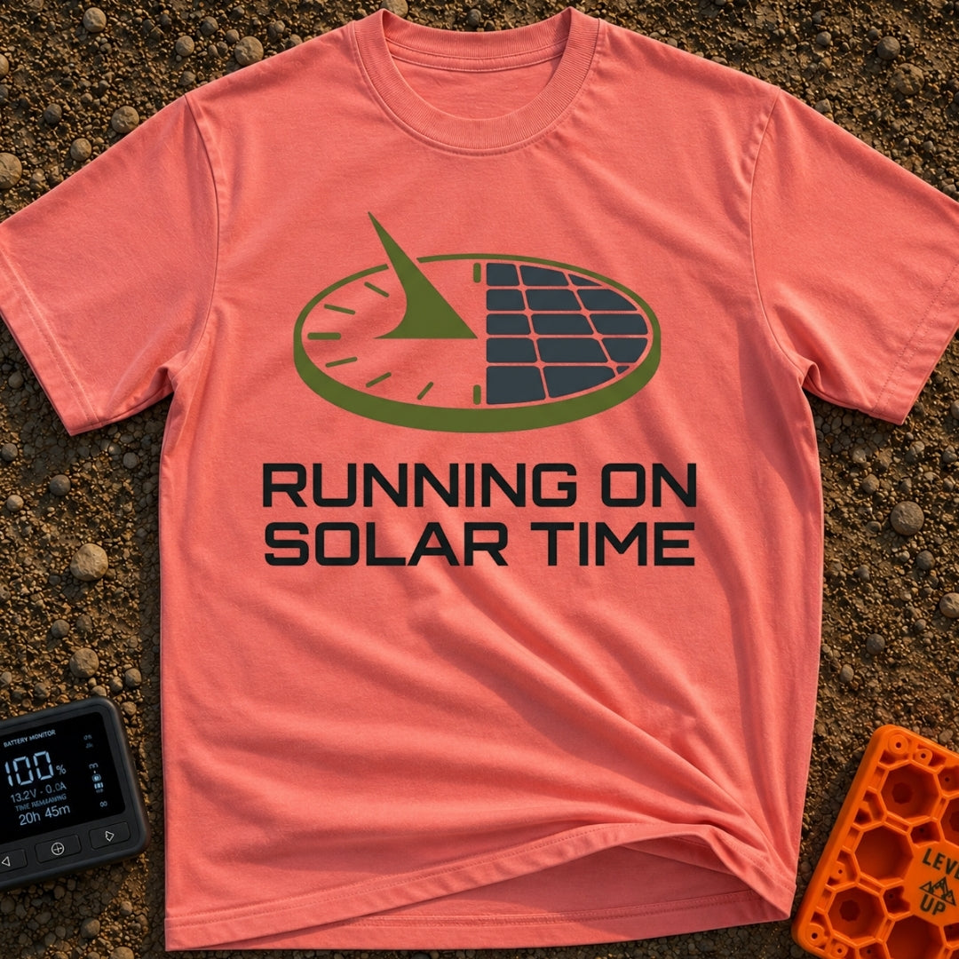 Running On Solar Time - T-Shirt in Watermelon - A circular graphic split down the middle, with the left side depicting a...