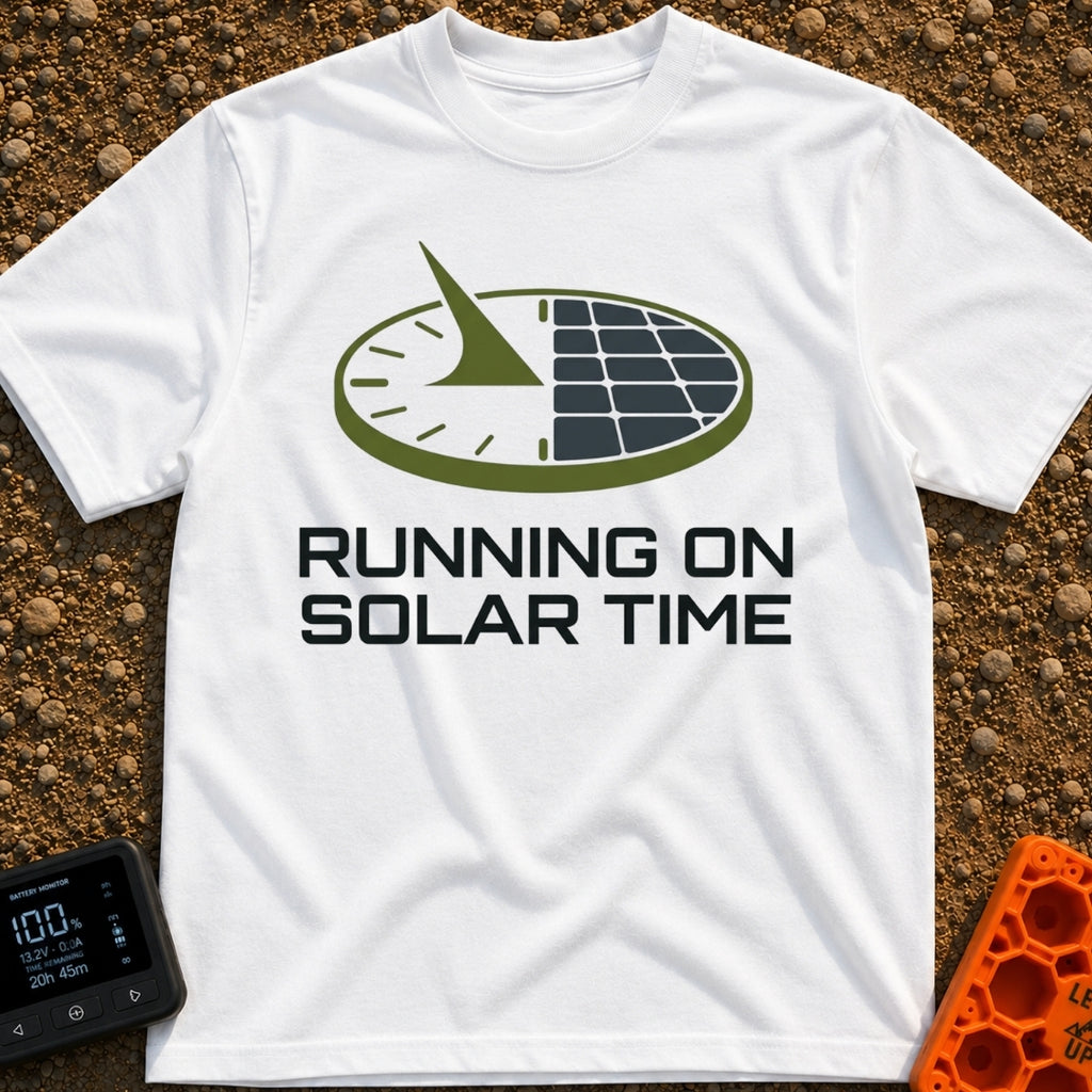 Running On Solar Time - T-Shirt in White - A circular graphic split down the middle, with the left side depicting a...