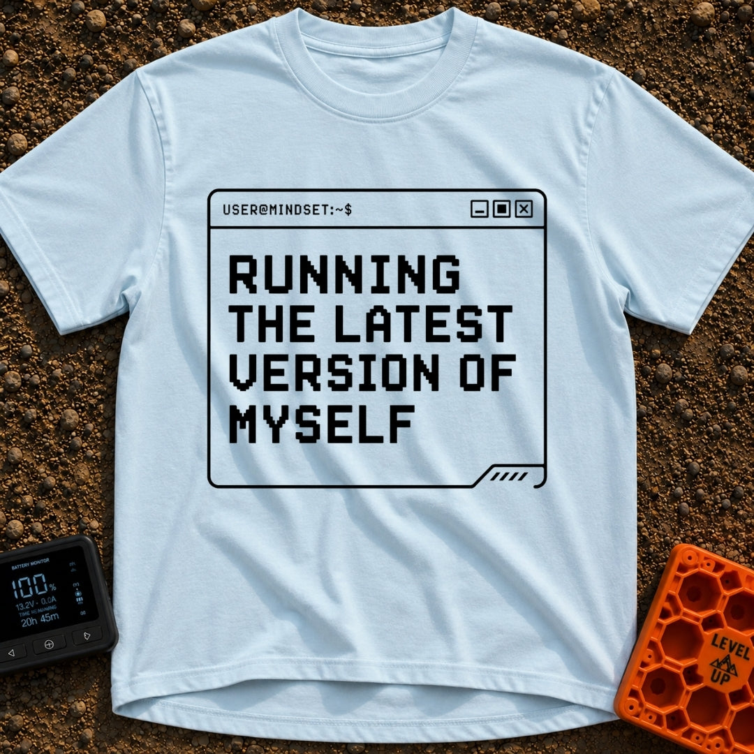 Running My Latest Version - T-Shirt in Chambray - A black-and-white graphic of a computer terminal window with the header...
