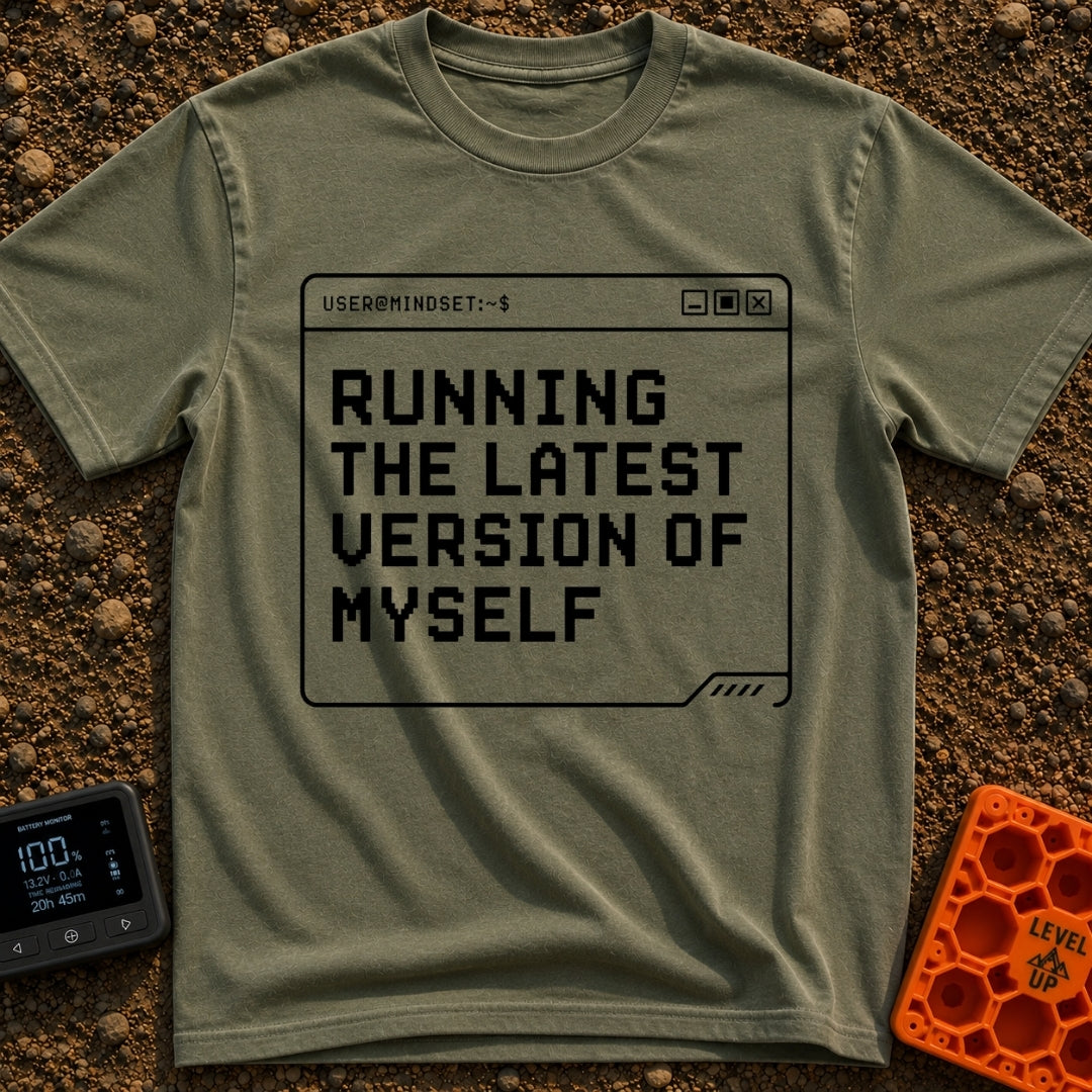 Running My Latest Version - T-Shirt in Moss - A black-and-white graphic of a computer terminal window with the header...