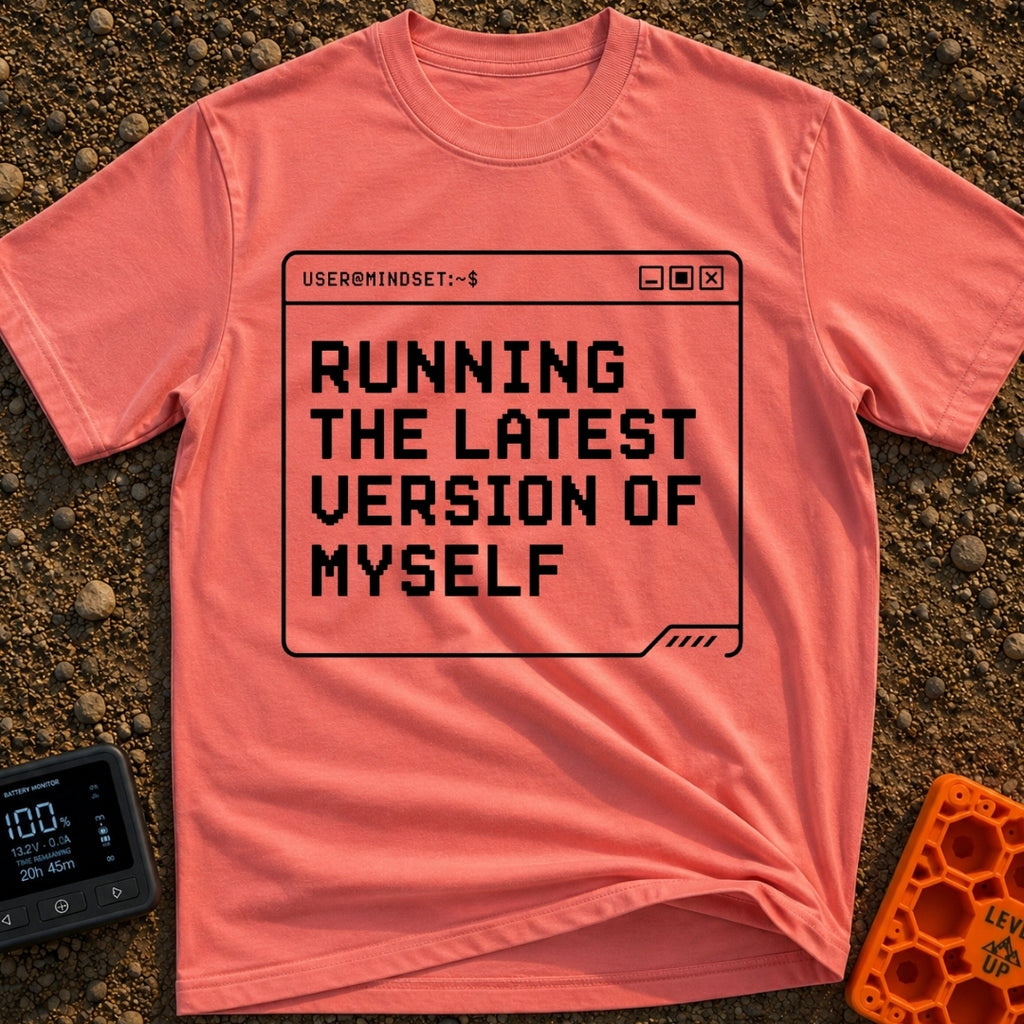 Running My Latest Version - T-Shirt in Watermelon - A black-and-white graphic of a computer terminal window with the...