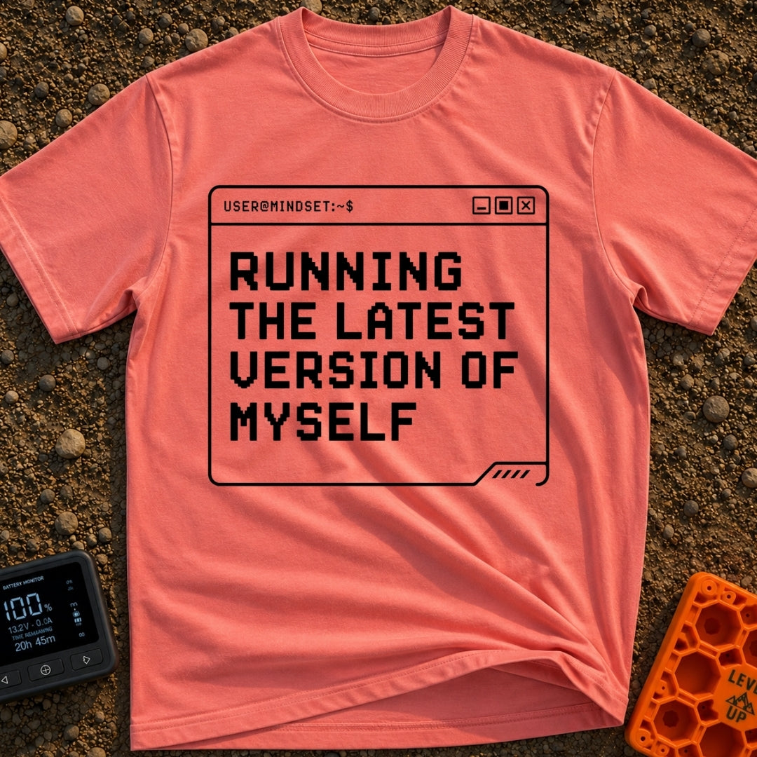 Running My Latest Version - T-Shirt in Watermelon - A black-and-white graphic of a computer terminal window with the...