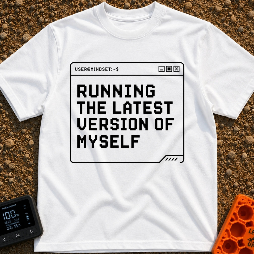 Running My Latest Version - T-Shirt in White - A black-and-white graphic of a computer terminal window with the header...