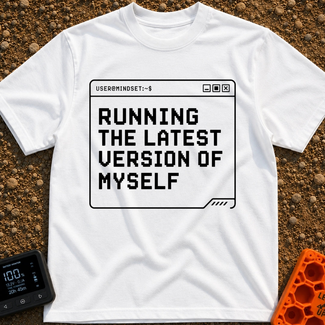 Running My Latest Version - T-Shirt in White - A black-and-white graphic of a computer terminal window with the header...