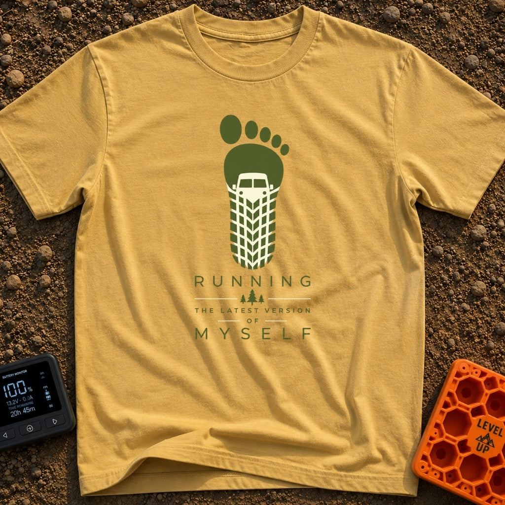 Running My Latest Version - T-Shirt in Mustard - A graphic of a green bare footprint where the heel and arch area is...