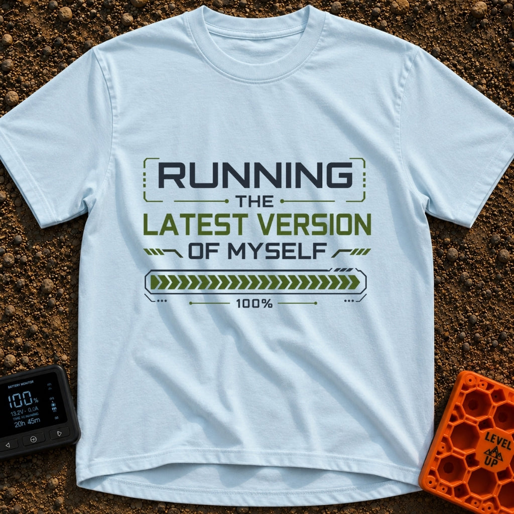 Fully Updated Me - T-Shirt in Chambray - A text-based design featuring the phrase 'RUNNING THE LATEST VERSION OF MYSELF'...