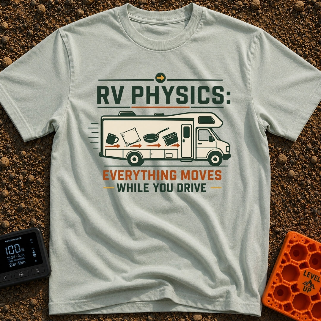 RV Laws Of Motion - T-Shirt in Bay - A graphic of a Class C RV in motion with speed lines behind it. The side of the RV...