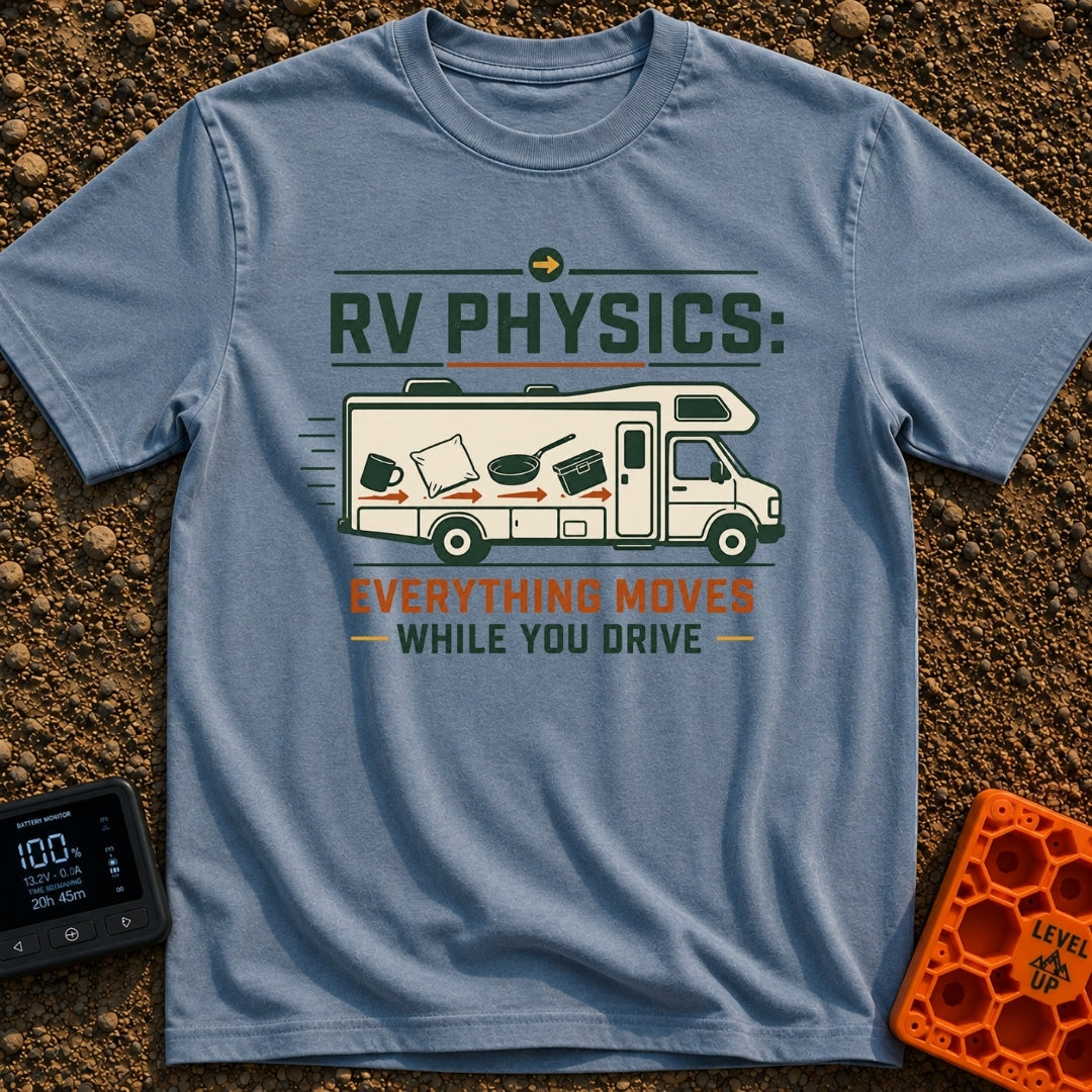 RV Laws Of Motion - T-Shirt in Blue Jean - A graphic of a Class C RV in motion with speed lines behind it. The side of...