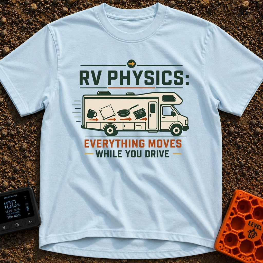 RV Laws Of Motion - T-Shirt in Chambray - A graphic of a Class C RV in motion with speed lines behind it. The side of the...