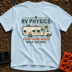 RV Laws Of Motion - T-Shirt in Chambray - A graphic of a Class C RV in motion with speed lines behind it. The side of the...
