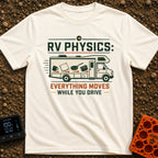 RV Laws Of Motion - T-Shirt in Ivory - A graphic of a Class C RV in motion with speed lines behind it. The side of the RV...