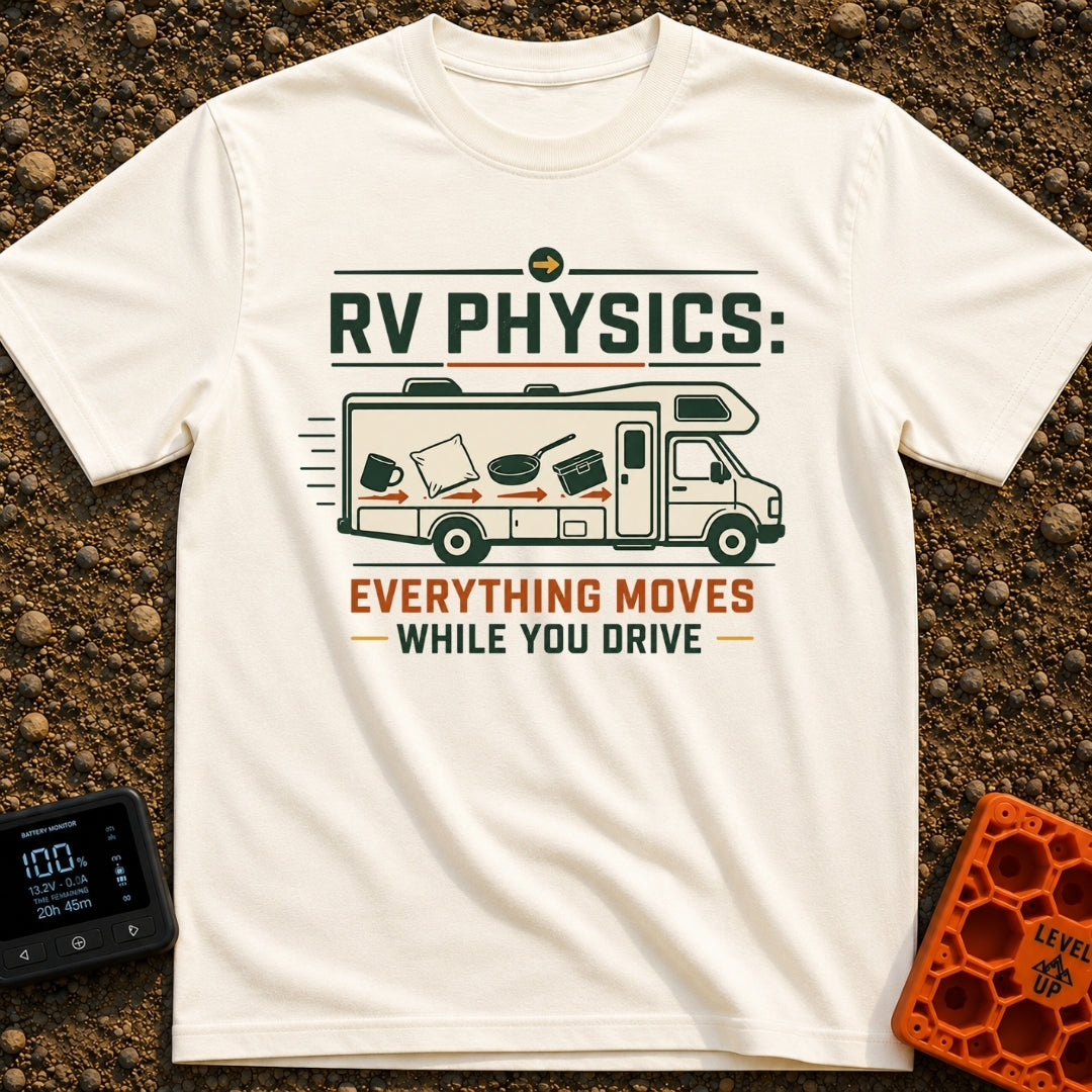 RV Laws Of Motion - T-Shirt in Ivory - A graphic of a Class C RV in motion with speed lines behind it. The side of the RV...