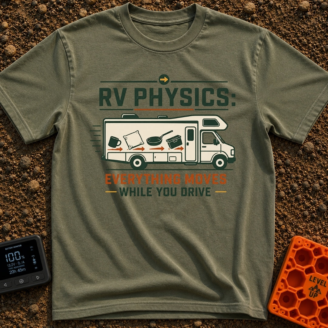 RV Laws Of Motion - T-Shirt in Moss - A graphic of a Class C RV in motion with speed lines behind it. The side of the RV...